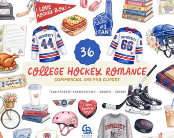 College Hockey Romance Clipart Set - Watercolour Ice Hockey Illustrations - Commercial Use