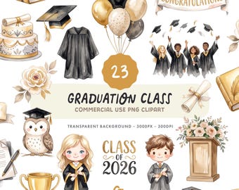 Graduation Class of 2026 Clipart Set - Watercolour Cap and Gown Illustrations - Commercial Use