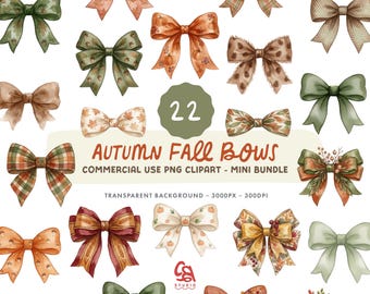 Autumn Fall Coquette Bows Clipart Set - Watercolour autumnal hair bow Illustrations - Commercial Use