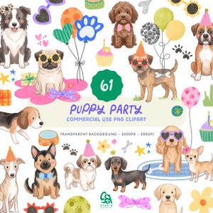 Puede incluir: Un conjunto de ilustraciones digitales titulado 61 PUPPY PARTY COMMERCIAL USE PNG CLIPART que presenta varias razas de perros, globos coloridos, gorros de fiesta, cupcakes, huellas de patas y lazos decorativos en estilo acuarela.