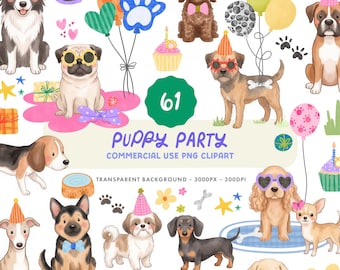 Puppy Party Clipart Set - Watercolour Dog Illustrations - Commercial Use