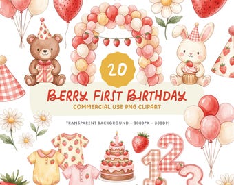 Berry First Birthday Strawberry Clipart Set - Watercolour Balloon Arch, Bunny, Bear Illustrations - Commercial Use