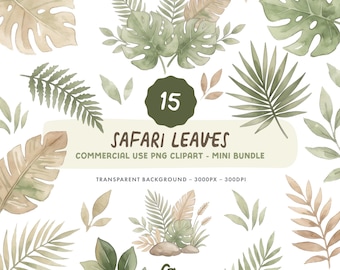 Safari Leaves Clipart Set - Watercolour Jungle Leaf Illustrations - Commercial Use