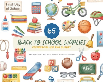 Back to School Supplies Clipart Set - Watercolour Art and Sports Equipment Illustrations - Commercial Use
