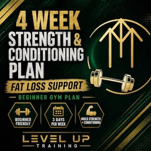 May include: A graphic promoting a 4-week strength and conditioning plan with fat loss support. The design features gold text and accents on a dark green background, including a dumbbell and icons for beginner-friendly workouts, 3 days per week, and building strength. The text reads "Level Up Training."