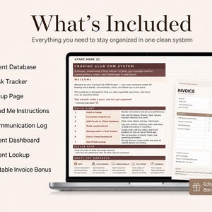 May include: A digital CRM system displayed on a laptop screen with a list of features including Client Database, Task Tracker, Setup Page, Read Me Instructions, Communication Log, Client Dashboard, Client Lookup, and an Editable Invoice Bonus.