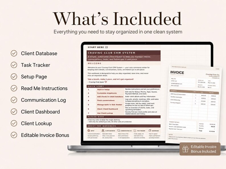 May include: A digital CRM system displayed on a laptop screen with a list of features including Client Database, Task Tracker, Setup Page, Read Me Instructions, Communication Log, Client Dashboard, Client Lookup, and an Editable Invoice Bonus.