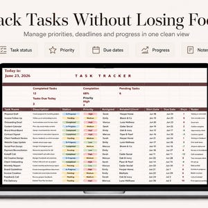 May include: A laptop screen displaying a digital task tracker spreadsheet with columns for task name, description, status, priority, assigned person, client, dates, and notes. The interface includes headers for task status, priority, due dates, progress, and notes.