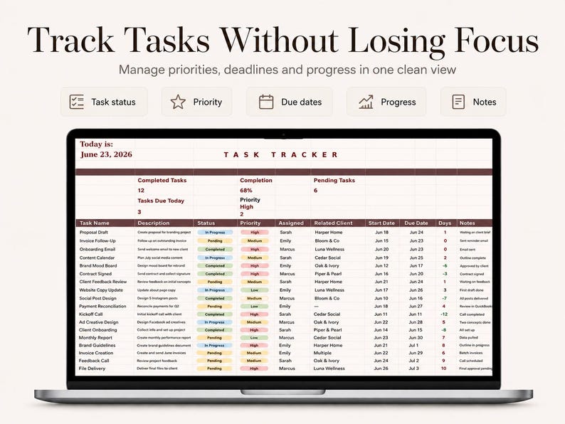 May include: A laptop screen displaying a digital task tracker spreadsheet with columns for task name, description, status, priority, assigned person, client, dates, and notes. The interface includes headers for task status, priority, due dates, progress, and notes.
