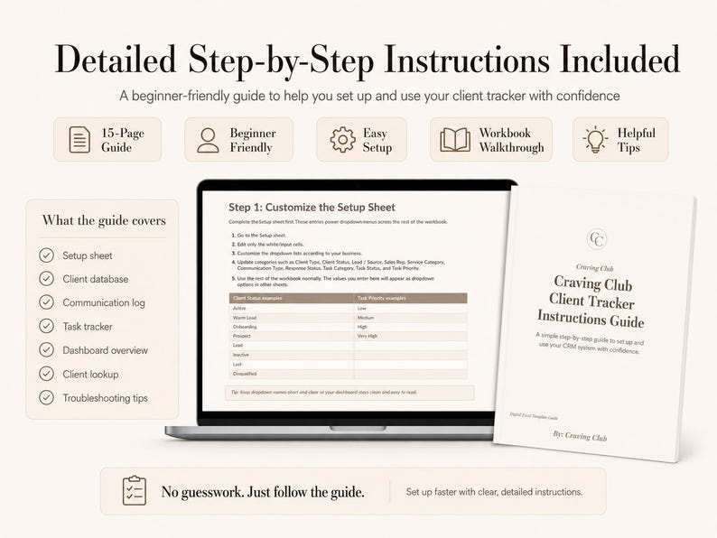 May include: A laptop displaying a client tracker setup sheet alongside a printed instruction guide titled Craving Club Client Tracker Instructions Guide. The image includes text detailing setup steps, a 15-page guide, and a list of covered topics.