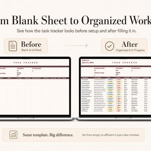 May include: A digital task tracker template displayed on two laptop screens. The left screen shows an empty spreadsheet labeled Task Tracker with columns for task name, description, status, and priority. The right screen shows the same template filled with data.