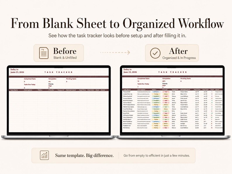 May include: A digital task tracker template displayed on two laptop screens. The left screen shows an empty spreadsheet labeled Task Tracker with columns for task name, description, status, and priority. The right screen shows the same template filled with data.