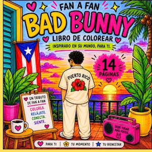 Printable coloring bad bunny cartoon, benito bowl dtmf bad bunny coloring book, adult coloring book download pdf digital download bad bunny