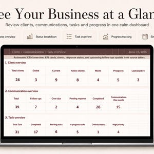 May include: A laptop screen displaying a business dashboard titled See Your Business at a Glance. The interface includes sections for Client overview, Communication overview, and Task overview with numerical data tables and status tracking metrics.