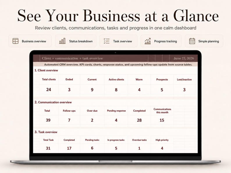 May include: A laptop screen displaying a business dashboard titled See Your Business at a Glance. The interface includes sections for Client overview, Communication overview, and Task overview with numerical data tables and status tracking metrics.