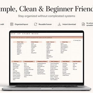 May include: A laptop screen displaying a digital spreadsheet template titled SET-UP START HERE. The interface features organized columns for client types, statuses, lead sources, and task categories with text labels in a clean, professional layout.