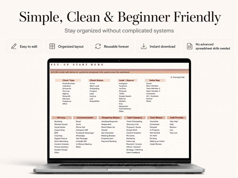 May include: A laptop screen displaying a digital spreadsheet template titled SET-UP START HERE. The interface features organized columns for client types, statuses, lead sources, and task categories with text labels in a clean, professional layout.