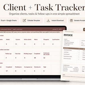 May include: A digital client and task tracker spreadsheet displayed on a laptop screen, featuring sections for client, communication, and task overviews with numerical data. A separate printable invoice template is shown to the right side.