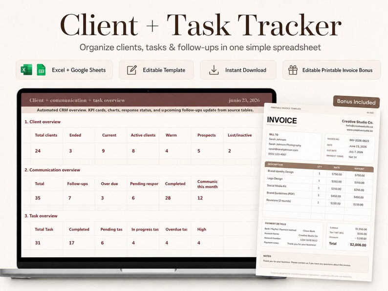 May include: A digital client and task tracker spreadsheet displayed on a laptop screen, featuring sections for client, communication, and task overviews with numerical data. A separate printable invoice template is shown to the right side.