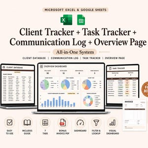 Puede incluir: Un sistema digital de seguimiento de clientes y tareas para Microsoft Excel y Google Sheets. La pantalla muestra un panel de control, base de datos de clientes y gestor de tareas con gráficos, tablas y una plantilla de factura PDF gratuita.