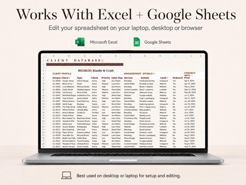May include: A laptop screen displaying a client database spreadsheet with columns for client profile, engagement details, and contact info. The text reads Works With Excel + Google Sheets, and the spreadsheet is titled Client Database.
