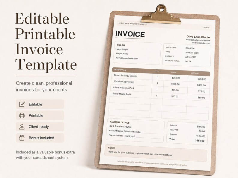 May include: An editable, printable invoice template on a clipboard. The document features sections for billing, itemized descriptions, payment details, and notes, with the text 'INVOICE', 'Olive Lane Studio', and various business transaction data visible.