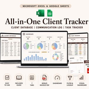 May include: An all-in-one client tracker digital template for Microsoft Excel and Google Sheets. The display shows a dashboard, client database, and task tracker with various charts, graphs, and data tables. Includes a bonus invoice PDF file.