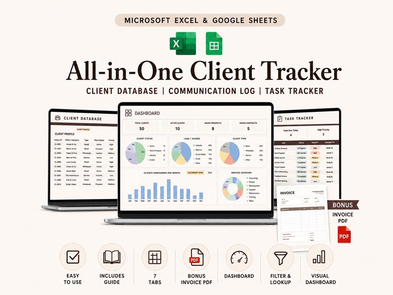 May include: An all-in-one client tracker digital template for Microsoft Excel and Google Sheets. The display shows a dashboard, client database, and task tracker with various charts, graphs, and data tables. Includes a bonus invoice PDF file.