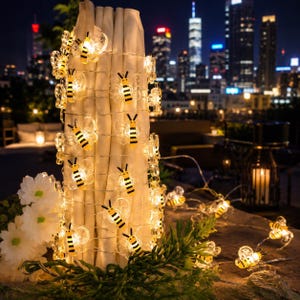 Pode incluir: Um fio de luzes LED com pequenas coberturas translúcidas em forma de abelha com corpos de riscas amarelas e pretas. As luzes estão enroladas à volta de um objeto cilíndrico branco texturado, com luzes de abelha adicionais sobre a superfície.