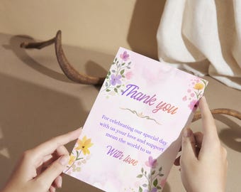 Elegant Floral Thank You Card, Pink Purple Gratitude Note (Digital Download)