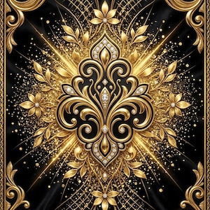 Puede incluir: Un diseño detallado y ornamentado en oro sobre un fondo negro. La imagen presenta un motivo floral central con detalles brillantes, rodeado de patrones arremolinados y un borde decorativo. La estética general es lujosa y elegante.