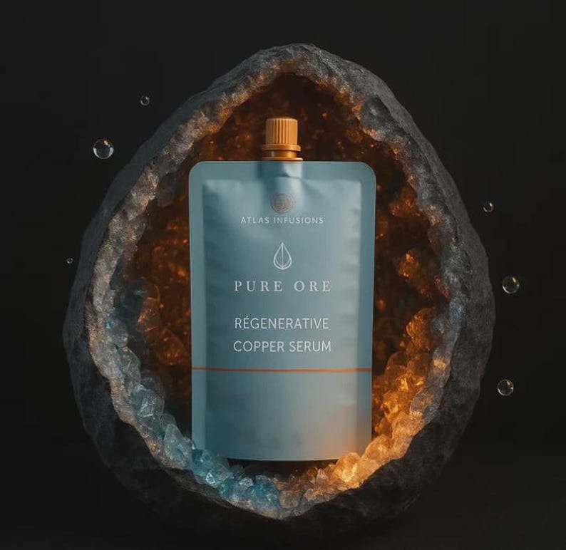 May include: A teal pouch of "Pure Ore Regenerative Copper Serum" with a gold cap, set inside a geode. The pouch has the "Atlas Infusions" logo and a droplet symbol. The geode is grey and brown with crystal formations.