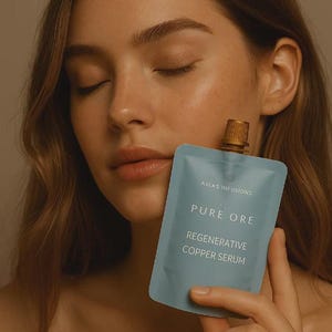 May include: A pale blue pouch with a gold cap, labelled "ATLAS INFUSIONS" and "PURE ORE REGENERATIVE COPPER SERUM." The pouch is held near a person's face, with their eyes closed.