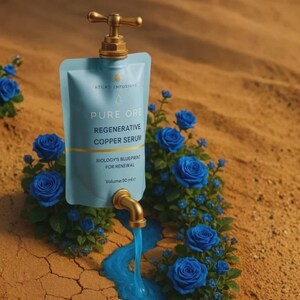 May include: A light blue pouch with a brass tap, labelled "PURE ORE Regenerative Copper Serum." Blue liquid flows from the tap onto a cracked, sandy surface, surrounded by blue roses. The text "BIOLOGY'S BLUEPRINT FOR RENEWAL" is also visible. Volume 50 ml.