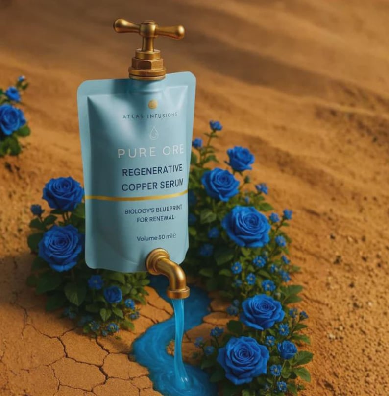 May include: A light blue pouch with a brass tap, labelled "PURE ORE Regenerative Copper Serum." Blue liquid flows from the tap onto a cracked, sandy surface, surrounded by blue roses. The text "BIOLOGY'S BLUEPRINT FOR RENEWAL" is also visible. Volume 50 ml.