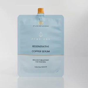 May include: A light blue and white packet of Regenerative Copper Serum. The packet has the text "ATLAS INFUSIONS", "PURE ONE", and "BIOLOGY'S BLUEPRINT FOR RENEWAL". The volume is 50ml.