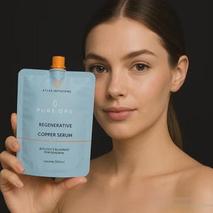 May include: A light blue pouch of Pure Ore Regenerative Copper Serum. The pouch has an orange cap and the text "ATLAS INFUSIONS", "PURE ORE", "REGENERATIVE COPPER SERUM", and "BIOLOGY'S BLUSPRINT FORIEER6WHL" printed on it. The pouch contains 50ml of serum.