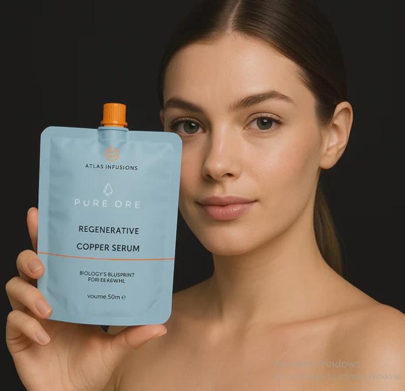 May include: A light blue pouch of Pure Ore Regenerative Copper Serum. The pouch has an orange cap and the text "ATLAS INFUSIONS", "PURE ORE", "REGENERATIVE COPPER SERUM", and "BIOLOGY'S BLUSPRINT FORIEER6WHL" printed on it. The pouch contains 50ml of serum.