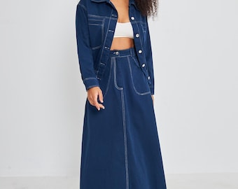 Navy Blue Fringe Detail Jacket and Maxi Skirt Set | Sustainable Fashion for Women