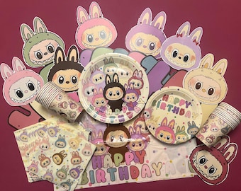 Décorations de fête d'anniversaire Labubu pour 20 personnes | Kit complet d'articles de fête | Bannière, nappe, assiettes, tasses et serviettes de table