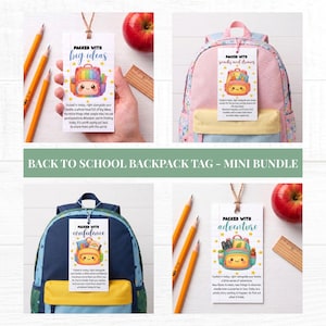 Könnte beinhalten: Ein Set aus vier rechteckigen Rucksackanhängern aus Papier mit Illustrationen bunter Cartoon-Rucksäcke mit lächelnden Gesichtern. Jeder Anhänger enthält gedruckten Text wie Packed with big ideas, snacks and dreams, confidence und adventure.