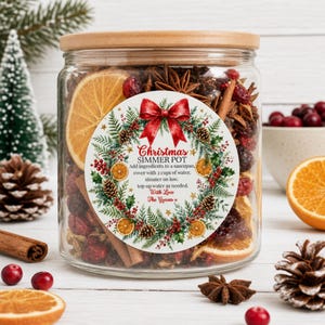 Christmas Simmer Pot Kit Sticker Template, Editable Stovetop Potpourri Jar Label, Watercolor Holiday Wreath, 3 Inch Round Printable