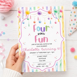 Vierde verjaardagsfeest vol plezier | Speelse verjaardag voor een meisje | Regenboog pastel feest | Pompon slinger | Bewerkbare Canva-sjabloon
