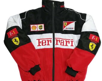 Giacca da corsa Ferrari F1 vintage, bomber retrò Formula 1, abbigliamento streetwear da motorsport.