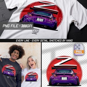Pode incluir: Camiseta branca com um design de carro esportivo roxo em um fundo de círculo vermelho e a letra "Z". A imagem inclui o texto "PNG FILE - 3000 DPI" e "EVERY LINE - EVERY DETAIL, SKETCHED BY HAND".