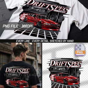 May include: A white t-shirt featuring a graphic print of a red sports car drifting on a black grid pattern. The design includes the text DRIFTSPEC in bold letters with Japanese characters underneath, and a black car silhouette in the background.
