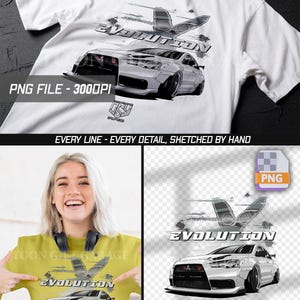 Op de afbeelding: Wit T-shirt met een gedetailleerde afbeelding van een zilveren auto en het woord "EVOLUTION" erboven. Het ontwerp bevat een gestileerd vleugelelement. De tekst "PNG FILE - 3000DPI" is ook zichtbaar. Het T-shirt is van OSYGRAPHICS.