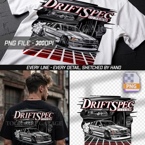 May include: A white t-shirt featuring a graphic print of a silver car drifting with smoke, the text DRIFTSPEC, and a red grid pattern. The design includes Japanese characters and a stylised car front view. The shirt displays the text PNG FILE - 300DPI.