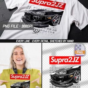 Könnte beinhalten: Weißes T-Shirt mit einer schwarzen Autografik und dem Text "Supra2JZ" in einem roten Feld. Das Design enthält japanischen Text und die Worte "PNG FILE - 3000DPI".