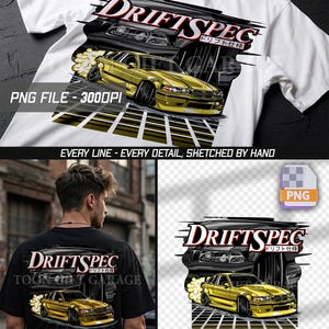 May include: A white t-shirt featuring a graphic of a yellow drift car with smoke, the text DRIFTSPEC, and Japanese characters. The design includes a black car silhouette background and a yellow grid pattern. The shirt displays the text PNG FILE - 300DPI.